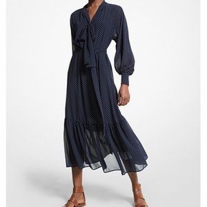 Michael Kors Polka Dot Georgette Tie-Neck Dress